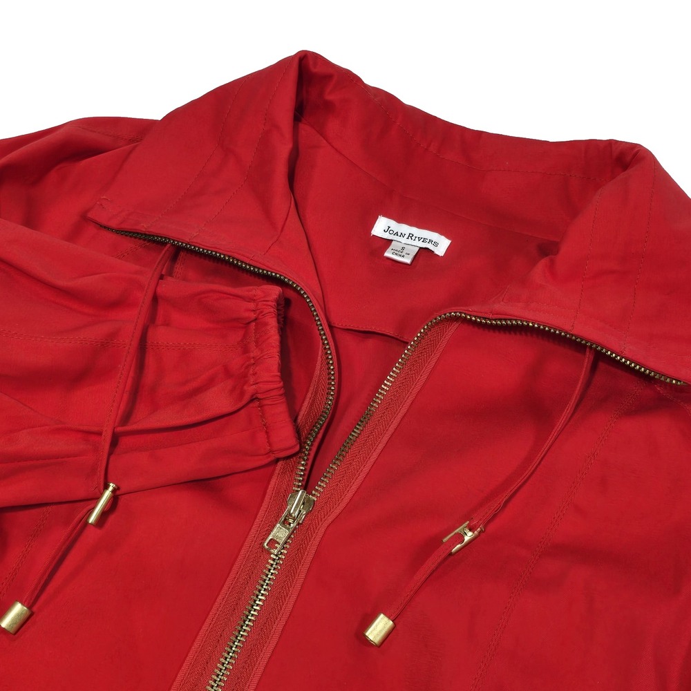 Joan Rivers Red Zip Front Jacket Women's S Drawstring Collar Pockets 3/4 Sleeve